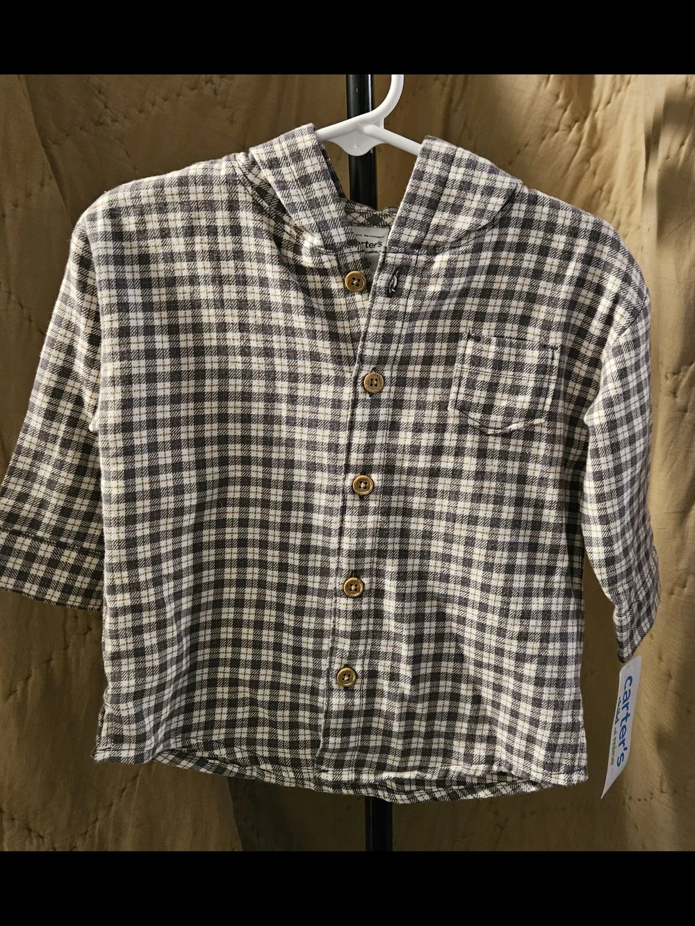 Carter’s Child of Mine Baby Boy 12M Plaid Hooded Button Shirt NWT